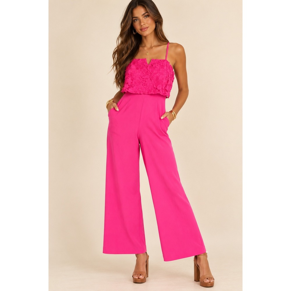 Julia Jordan NWT Pink Lace Wide Leg Jumpsuit Wedding Guest Cocktail - 12